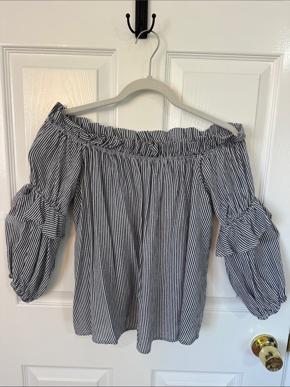Sage Black & White Striped Off-Shoulder Peasant Top
